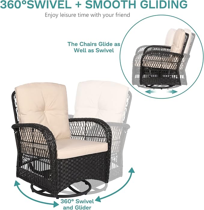 MEETWARM 3 Pieces Outdoor Wicker Swivel Rocker Patio Set, Rocking Chairs Rattan Patio Furniture Sets with Thickened Cushion and Glass-Top Coffee Table, Conversation Bistro Set for Porch (Dark Brown)