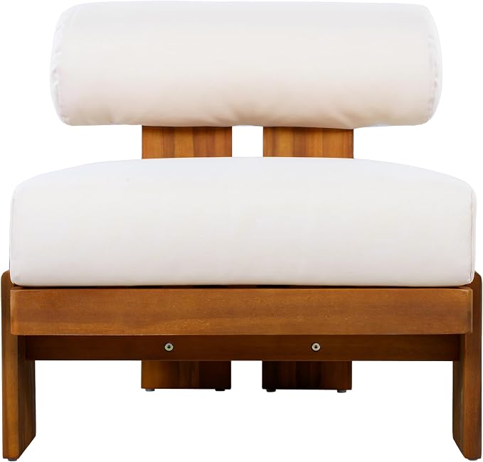 Merax 4-Piece Patio Conversation Set with Acacia Wood Frame, Waterproof Cushions & Round Backrest – Loveseat, 2 Club Chairs & Coffee Table for Garden, Deck & Balcony, Beige+Teak