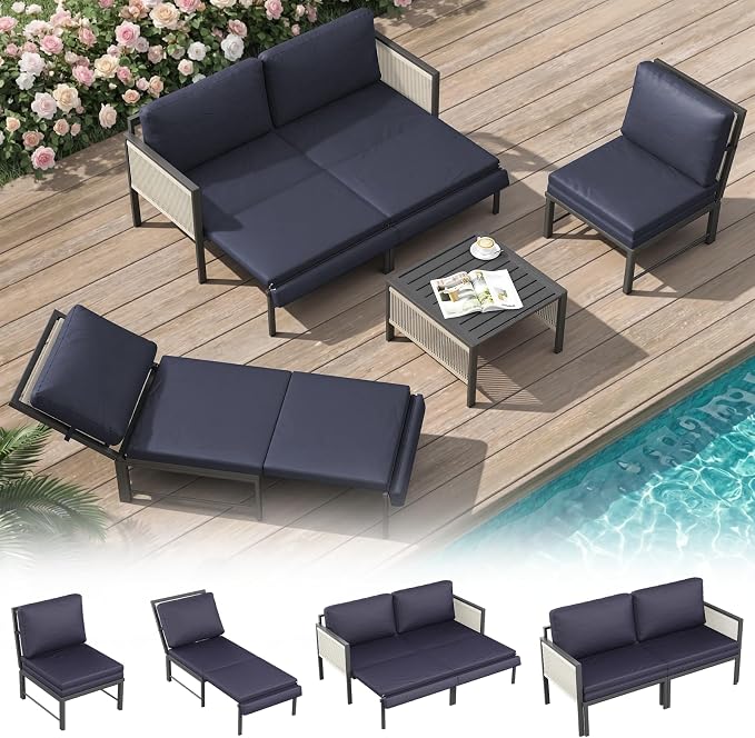U-MAX Aluminum Patio Furniture Set 4 Seats Outdoor Sectional Couch with Coffee Central Table Patio Conversation Sets for Porch Deck (Dark Blue, with Retractable Sofa Couch and Single Sofa)
