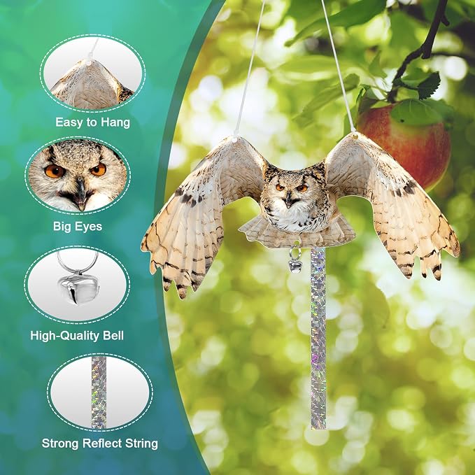 Owls to Keep Birds Away: 4Pcs Fake Owl with Reflective Tape for Garden Patio, Reflective Hanging Decoration to Keep Birds Pigeon from Windows Tree