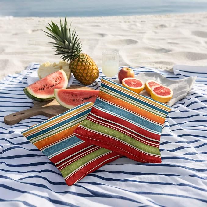 Outdoor Waterproof Pillow Covers for Patio Modern Red Orange Blue Stripes Decorative Throw Pillow Cover Abstract Fabric Stripes Pillowcases Set of 2 Cushion Case for Sofa Couch Chair 20x20 Inch