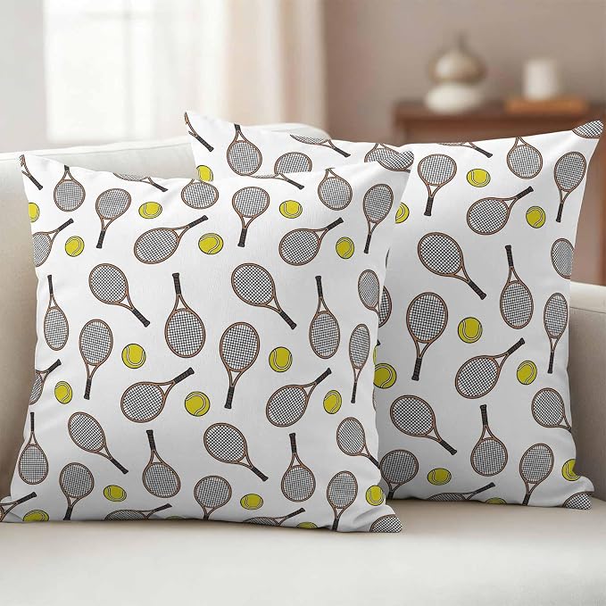 Tennis Sport Outdoor Pillow Covers 18x18 Inch Throw Pillow Covers Set of 2 Waterproof Decorative Pillow Cases Cartoon Classic Tennis Pattern Cushion Covers for Patio Furniture Garden Couch Sofa