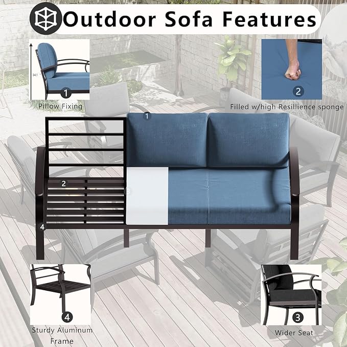 Aluminum Patio Furniture Set with Fire Pit Table, 7 Seats Outdoor Patio Conversation Sets with Ottomans, Modern Metal Patio Sectional Sofa with Upgrade Cushions for Patio, Backyard, Deck - Blue