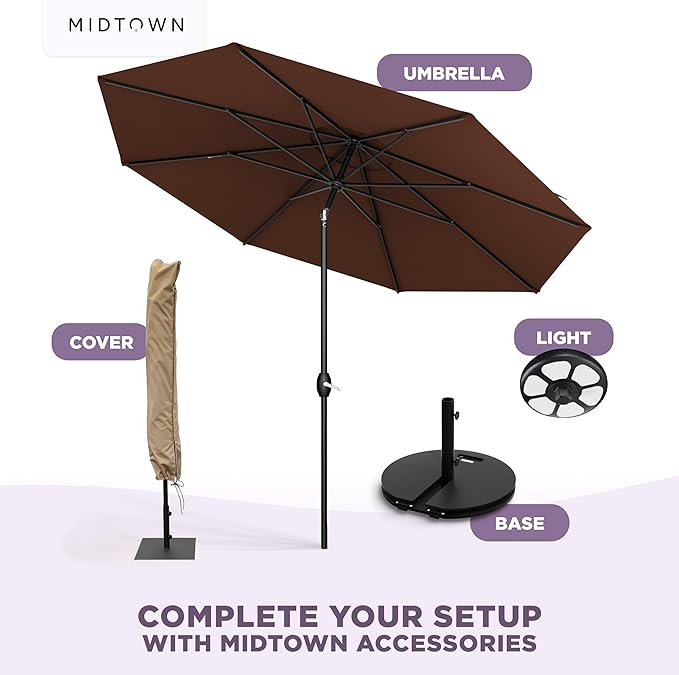 Midtown Umbrellas - The Lean 8 Ft Patio Umbrella with Fade-Resistant Sunbrella Fabric, Auto-Tilt Aluminum Frame and 8 Reinforced Ribs for Deck, Pool & Garden - Bay Brown Canopy, Black Pole