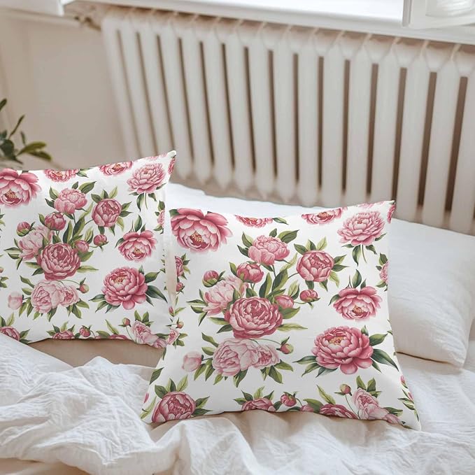 Vandarllin Outdoor Throw Pillows Covers 24x24 inch Set of 2 Waterproof Pink Rose Floral Decorative Zippered Cushion Covers for Patio Furniture, Leaves Flowers Lumbar Pillowcases
