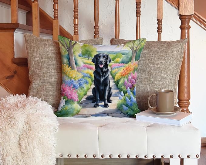 Caroline's Treasures Flat-Coated Retriever Spring Path Throw Pillow Machine Washable, Indoor Outdoor Decorative Pillow for Couch, Bed or Patio, 14Hx14W