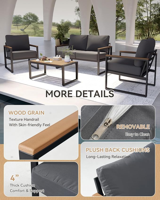 Aoxun 4 Piece Patio Furniture Set, Outdoor Patio Furniture with Thick Cushions, Modern Metal Outdoor Conversation Sets with Coffee Table for Porch, Balcony, Deck Dark Grey