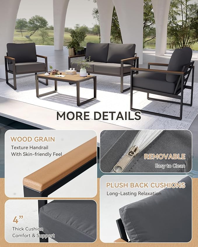Aoxun Patio Furniture Set, 4 Piece Outdoor Patio Furniture with Thick Cushions, Modern Metal Outdoor Conversation Sets with Coffee Table for Porch, Balcony, Deck Dark Grey