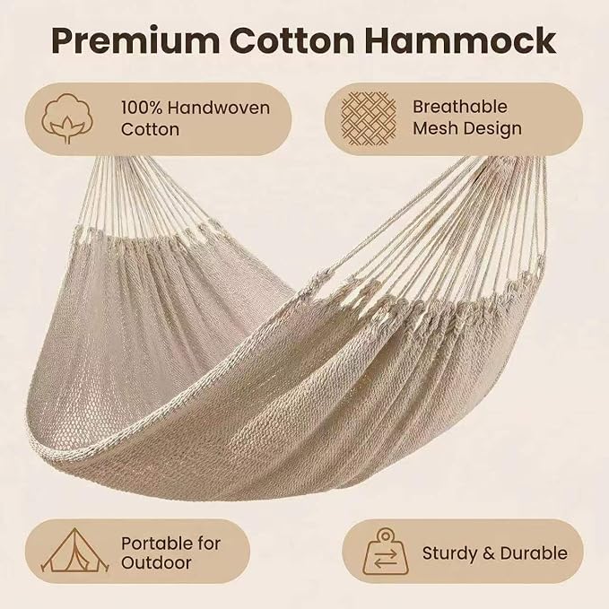 WjrnlfdHammock 79 * 59in550lbs 2Person Cotton Rope Outdoor Camping Hammock | 550lbs double hammock, handwoven cotton rope, breathable mesh, easy setup, perfect for backyard, camping & beach. 3 colors!