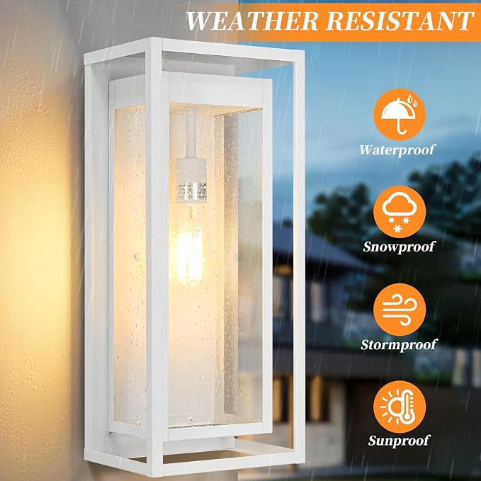 19" White Outdoor Light Fixture, 2 Pack Large Size Outdoor Sconce Lights with Clear Glass Shade, Waterproof Porch Lighting Exterior Light Fixture for Front Door, Garage