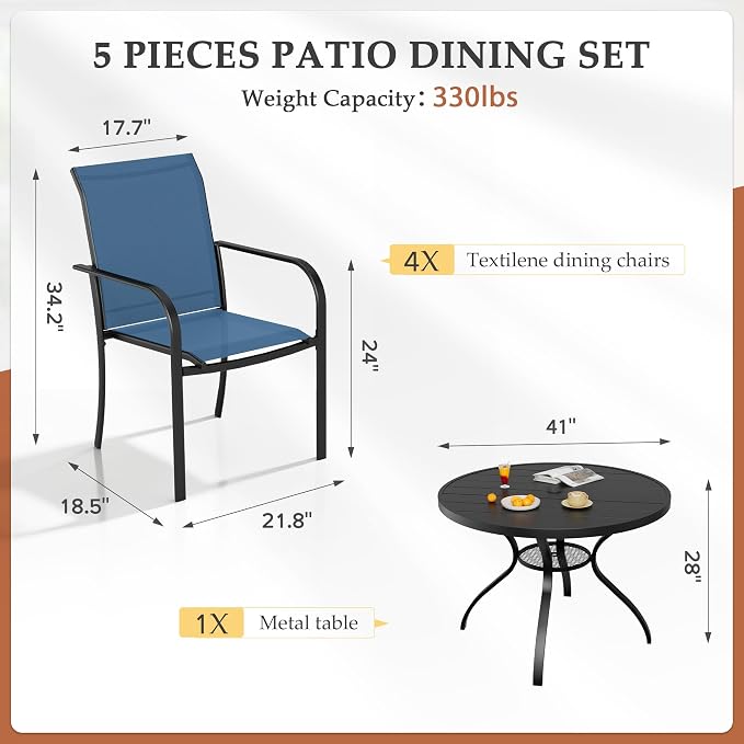 5-Piece Patio Dining Set,4 Person Outdoor Table and Chairs Set, 4 Metal Dining Chairs and Round Outdoor Table with 1.57" Umbrella Hole,Blue