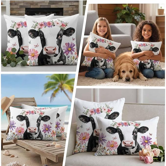 Flowers Cow Waterproof Outdoor Pillow Covers Set of 2 Home Decor, Spring Botanical Floral Plants Butterfly Pillowcase Patio Pillow Covers for Couch Bench Furniture Garden 26x26in