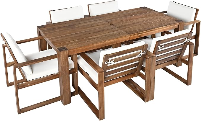 Merax Outdoor Patio Dining Table Set, 7-Piece Outdoor Dining Table Sets with Umbrella Hole Cut-Out Table and 6 Chairs with Removable Cushion, Acacia Wood Dining Sets Outdoor Furniture Set, Mocha