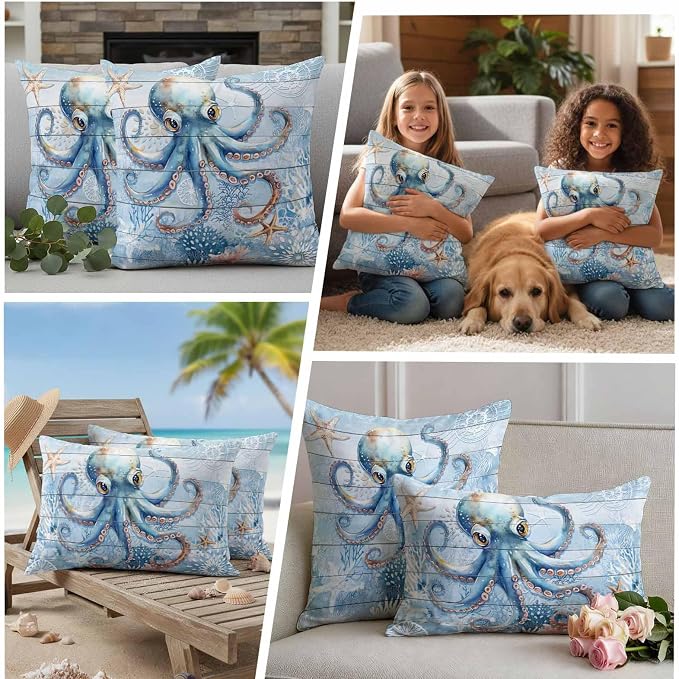 Coastal Octopus Waterproof Outdoor Pillow Covers Set of 2 Home Decor, Nautical Sea Starfish Coral Wooden Grain Pillowcase Patio Pillow Covers for Couch Bench Furniture Garden 20x12in
