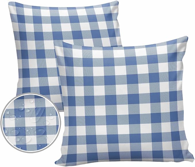 Outdoor Waterproof Throw Pillow Covers Set of 2 Buffalo Plaid Blue Check Pillowcases 18x18 Inches Farmhouse Style Patio Decorative Pillows Cushion Case Patio Pillows for Couch Bed Chair Garden