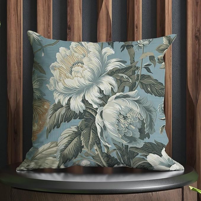 Spa On Flax Blue Chinoiserie Pillow Cover Grey Peony Asian Throw Pillow Cover Farmhouse Outdoor Garden Decoration for Patio Funiture Garden 22x22 in