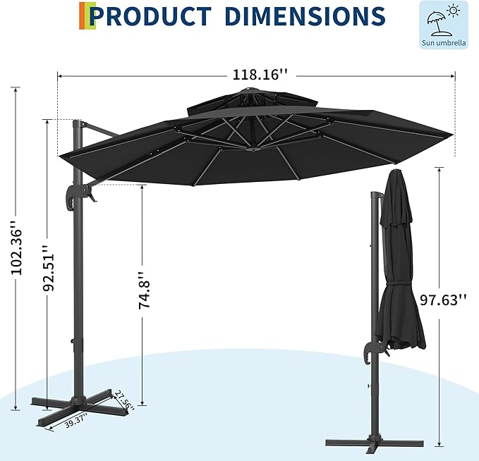 GarveeLife 10FT Patio Umbrella, Offset Cantilever Outdoor Patio Table Umbrella, UV Protection, Fade Resistant Polyester, Easy Tilt Adjustment for Pool, Deck, Garden, Backyard, Black