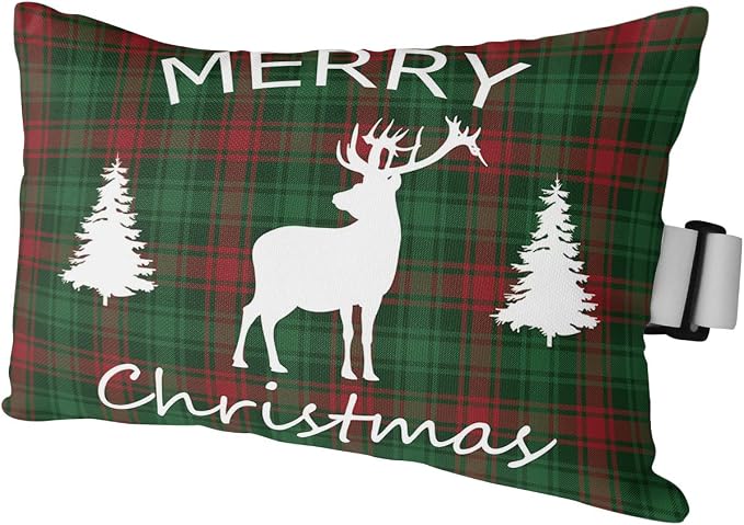 Outdoor Pillows Covers with Inserts Merry Christmas Elk and Tree Red Green Buffalo Plaid Waterproof Pillow with Adjustable Strap Throw Pillows for Patio Furniture Recliner Lounge Chair, 11"x16", 1PCS