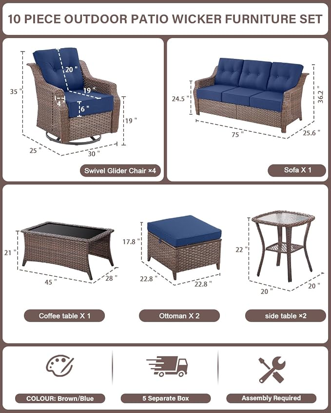 Belord 10 Piece High Back Outdoor Patio Furniture Set - Patio Conversation Set with Swivel Rocker Outdoor Chairs Set of 4 and 3 Seater Sofa, Wicker Ottoman and Coffee Table for Garden Backyard