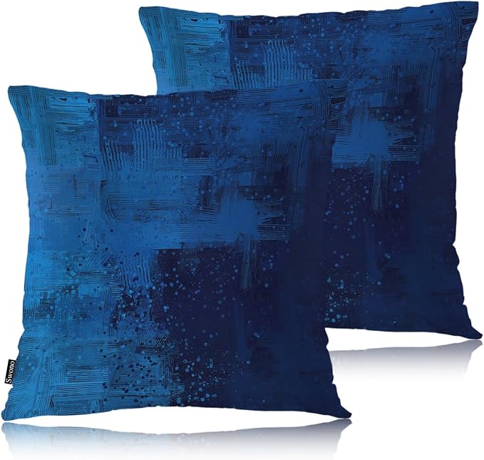 Swono Abstract Art Throw Pillow Case, Modern Graffiti Brush Square Home Decorative Cushion Cover for 18 X 18 Inches Pillow Covers, 2 Pack Pillowcases for Bedroom Office Dorm Couch, Dark Blue