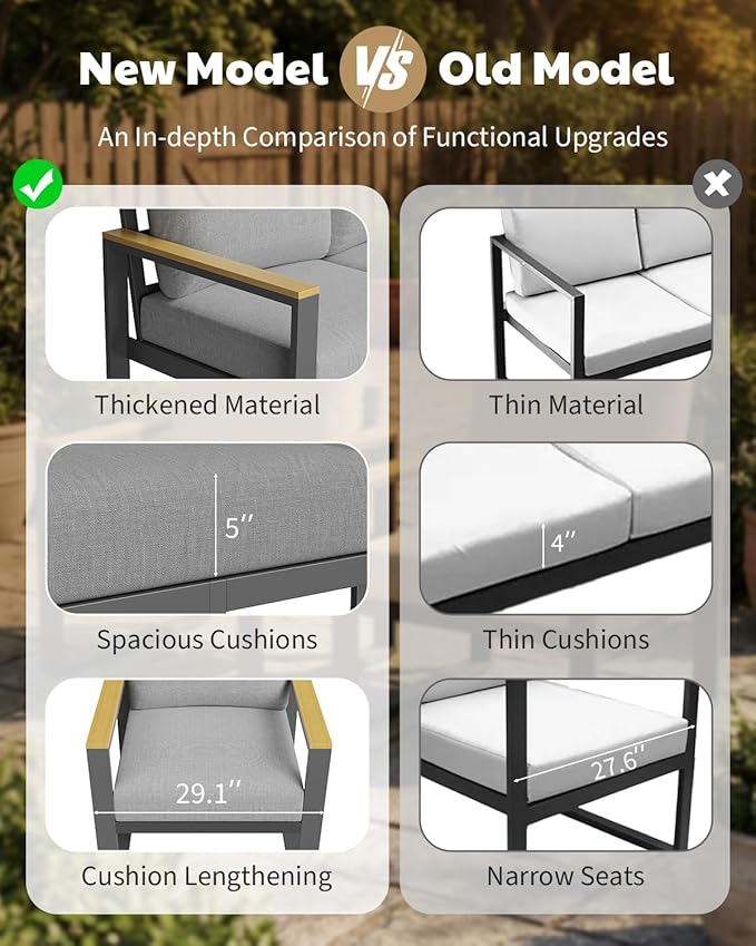 1 Pcs 3-Seat Aluminum Sofa and Coffee Table, Aluminum Patio Set with Washable Thick Cushion for Balcony, Garden, Deck, Backyard,Gray