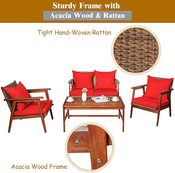 Tangkula 4 PCS Patio Wood Sofa Set, Outdoor Acacia Wood Seating Chat Set with Cushions & Coffee Table, Sectional Conversation Sofa Set for Garden, Backyard, Poolside (1, Red)