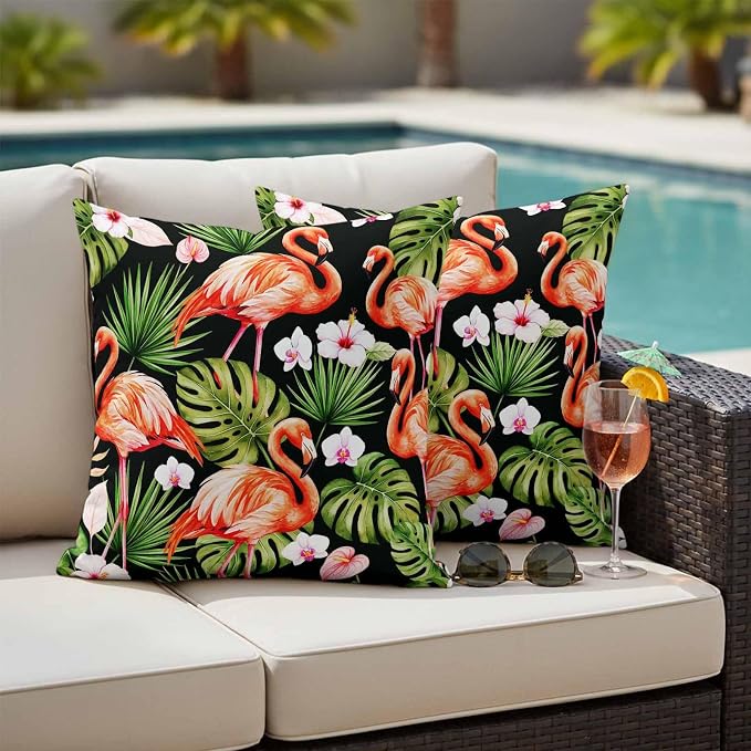 Pink Flamingos Outdoor Pillow Covers 16"x16" Set of 2, Green Tropical Leaf Hibiscus Flower Botanical Waterproof Throw Pillow Covers for Patio Furniture, Decorative Cushion Covers for Porch