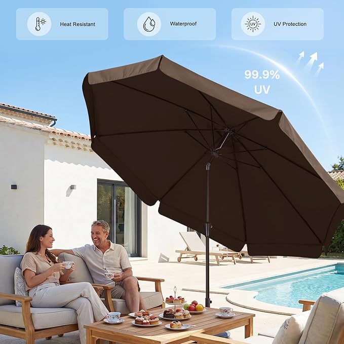 ABCCANOPY 9ft Scalloped Patio Umbrella, Outdoor Table Umbrella with Tilt and Crank, Fiberglass Ribs Deck Umbrella for Patio, Pool, Garden, Picnic (Brown)