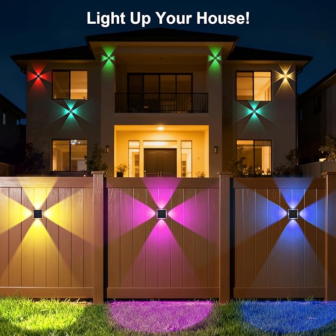 AUDLES Solar Fence Lights Outdoor, New 4-Way Lighting Fence Lights Solar Powered with 8 Modes Warm White/RGB, IP65 Waterproof Solar Wall Light for Backyard Wall Pathway Deck Patio Decor - 12 Pack