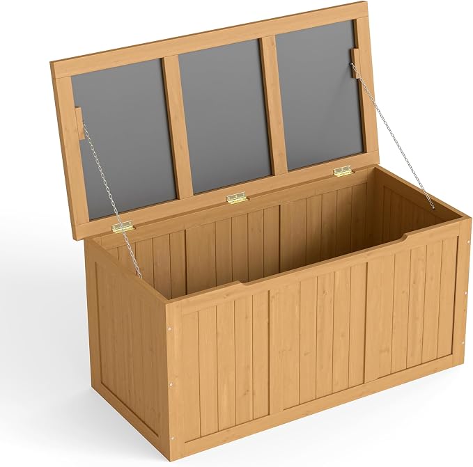 67 Gallon Outdoor Wooden Deck Box Solid Wood Storage Box Seat Table Top for Patio Furniture Cushions, Pool Toys Garden Tools