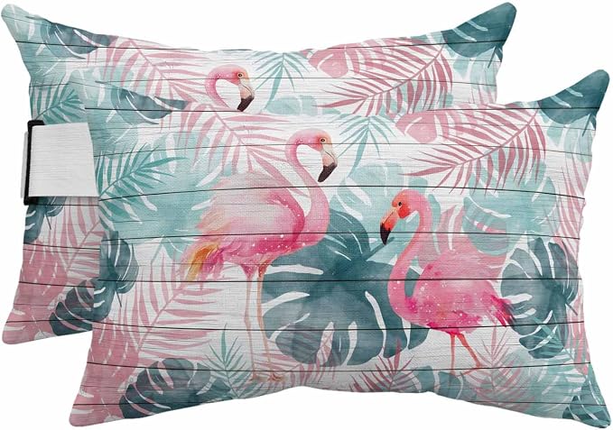 Outdoor Lumbar Pillow Set of 2, Flamingos Waterproof Beach Headrest Pillow with Inserts, Green Summer Monstera Leaves Tropical Vintage Recliner Throw Pillows for Patio Furniture, 12 x 20