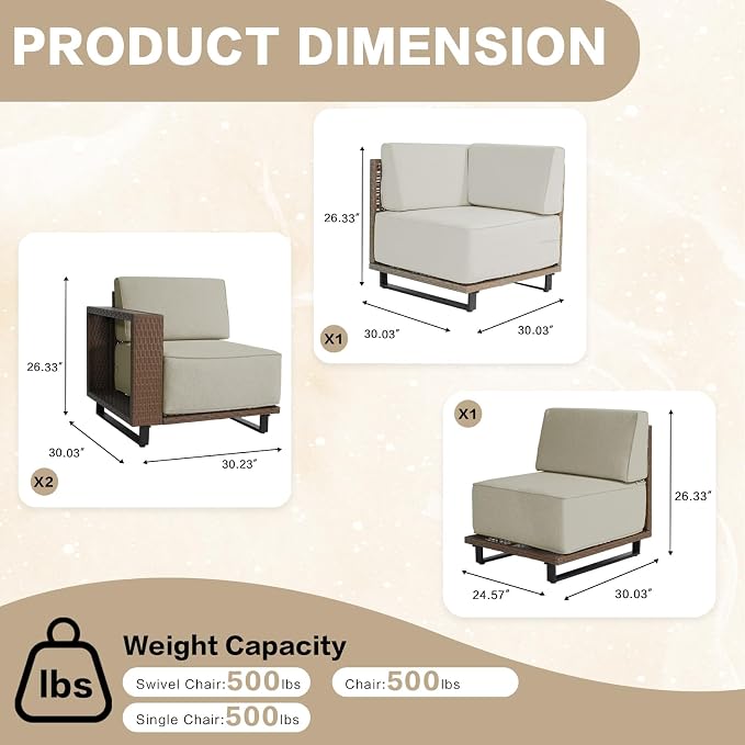 7 Pieces Outdoor Patio Furniture Set, PE Rattan Weaving Sofa with 10 inch Thick Cushions, Dining Table and Coffee Table with Steel Frame and Wooden Board, Brown/Light Gray Linen
