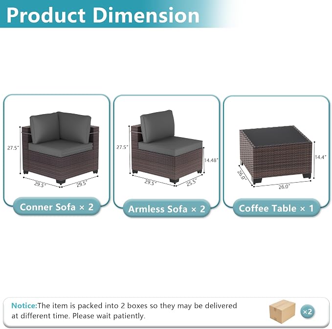 ALAULM 5 Pieces Patio Furniture Set Wicker Patio Conversation Set, Outdoor Sectional Furniture w/Coffee Table & Washable Seat Cushions-Grey