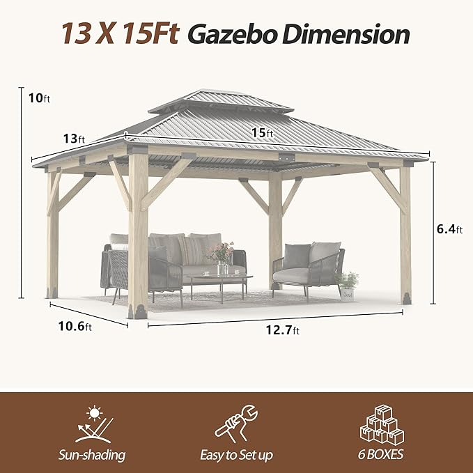 13x15 FT Wood Gazebo,Outdoor Wooden Hardtop Gazebo with Galvanized Steel Doule Roof,Cedar Wood Frame Gazebos Patio Backyard