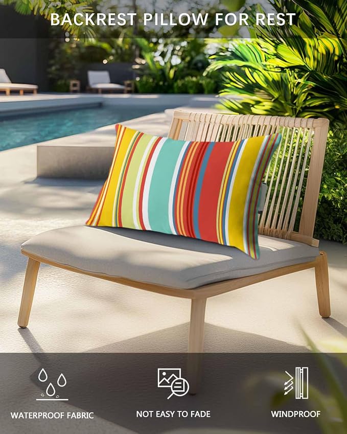 Outdoor Pillows Covers with Inserts Colorful Stripes Red Yellow Teal Green Wood Texture Waterproof Pillow with Adjustable Strap Throw Pillows for Patio Furniture Recliner Lounge Chair, 11" x 16", 1PCS