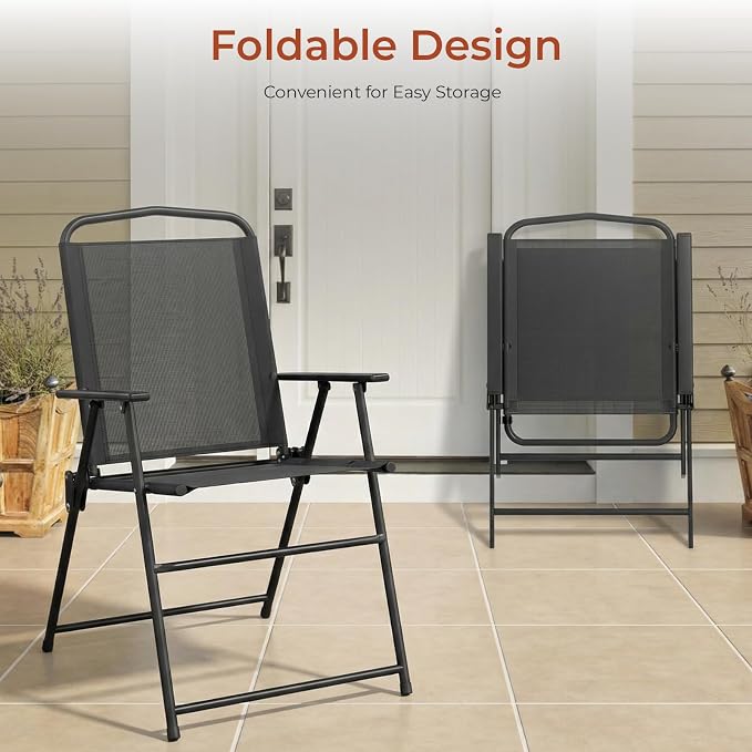 TLSUNNY 6 Pieces Patio Dining Set with 65″ Umbrella, Outdoor Table and Chairs with 31.5″ Round Glass Table, 4 Folding Textilene Chairs, Patio Dining Set W/Steel Frame, for Poolside, Backyard (Black)