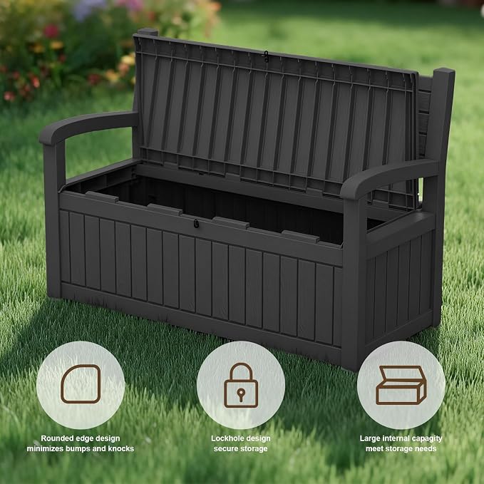 EasyUp 100 Gallon Wood Grain Style Outdoor Storage Bench, Waterproof and Lockable Deck Box Outdoor Storage Furniture for Patio,Garden,and Porch – Perfect for Storing Garden Tools and Cushions(Black)