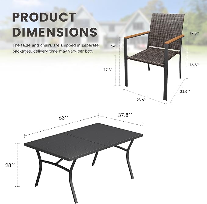 Patio Dining Set for 6, Outdoor Furniture of 63" Rectangular Slatted Table with Umbrella Hole and Stackable Wicker Patio Chairs for Backyard Lawn Garden, Walnut Chairs, Black Table