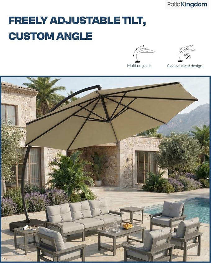 11 FT Cantilever Umbrella with Base Included, Large Round 360° Rotation Offset Umbrella Outdoor Patio, Heavy Duty Aluminum Frame, Sand-Weighted Stand, for Deck, Backyard, Poolside, Garden (Beige)