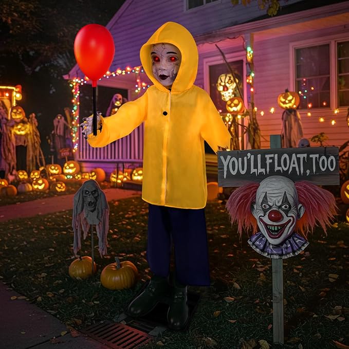 4 Ft Life Size Halloween Animatronics Prop with Sound & Touch | With Activated Sensor and Light Up Balloon, Halloween Spooky Scary Decor for Home Indoor Garden Lawn Yard Grave Party