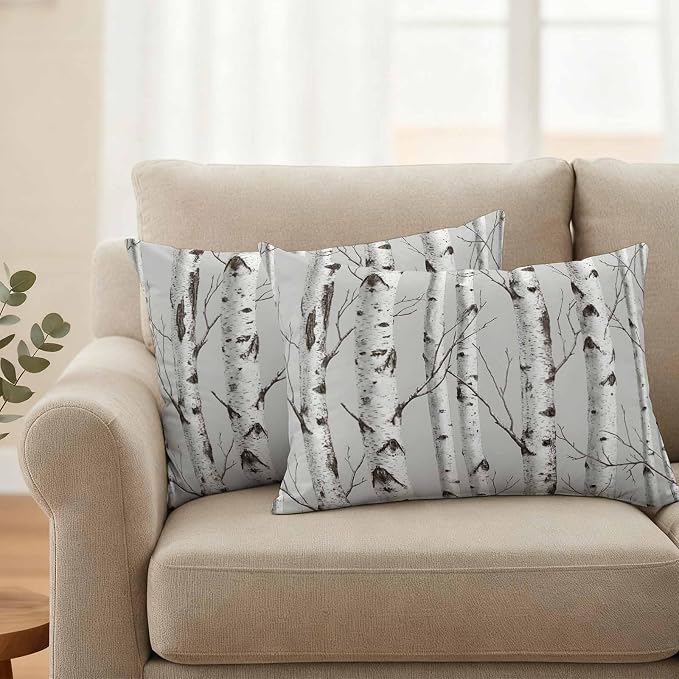 Nature Birch Trees Outdoor Pillow Covers 20"x12" Set of 2, Modern Gray Modern Tree Bark Texture Forest Waterproof Throw Pillow Covers for Patio Furniture, Decorative Cushion Covers for Porch