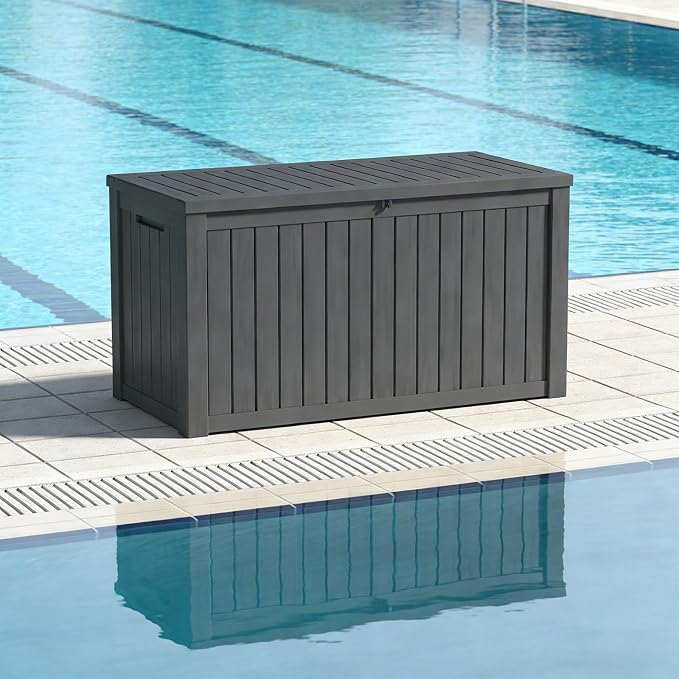 150 Gallon Outdoor Deck Boxes, IP68 Waterproof Outdoor Storage Box with Hydraulic Lid Support, Outside Resin Container for Furniture, Toy, Shoe, Garden & Patio Tools Storage -Black