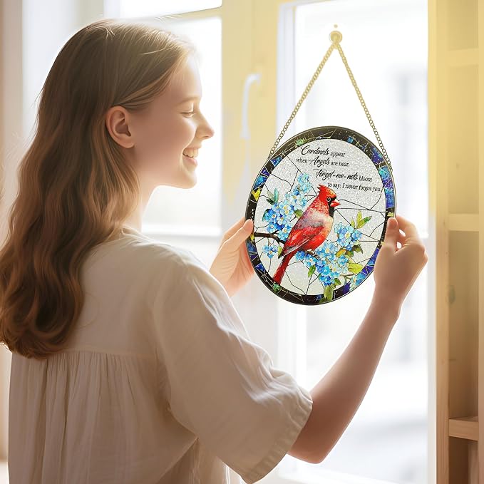 Cardinal Stained Glass Window Hanging, 8 Inch Sun Catchers Indoor Window, Suncatchers for Windows Hanging, Home Decor and Memorial Gift, Sympathy Gift, Cardinal Gifts, in Memory of Loved One Gifts
