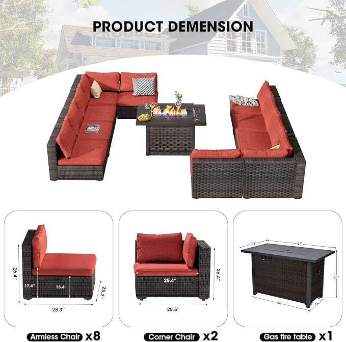 11 Piece Patio Furniture Set with Fire Pit Table, Outdoor Sectional Sofa PE Rattan, Patio Conversation Sets with Cushions for Garden Lawn Balcony Porch Deck Red