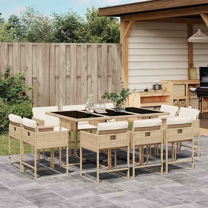 11 Piece Patio Dining Set with Cushions Beige Poly Rattan Outdoor Dining Table and 10 Chairs for Garden Backyard Porch Tempered Glass Top Space-Saving Foldable Seats UV-Proof