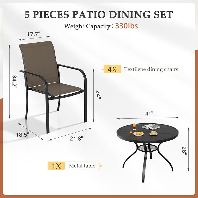 Incbruce 5 PCS Patio Dining Set, Outdoor Dining Set of 4 Textilene Chairs and 41" Round Table with Umbrella Hole for Backyard, Garden, and Poolside (Brown)