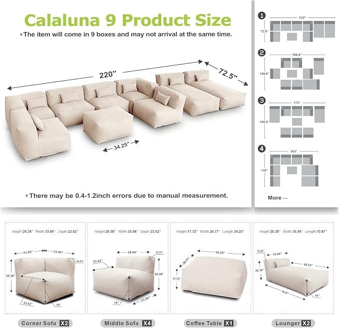 Patio Conversation Set Bean Bag Eraclea 9C Outdoor Chairs Sectional Daybed Furniture Outdoor Sofa Couch High Density Foam Filling Modern Comfy Patio Couch (Light Beige)
