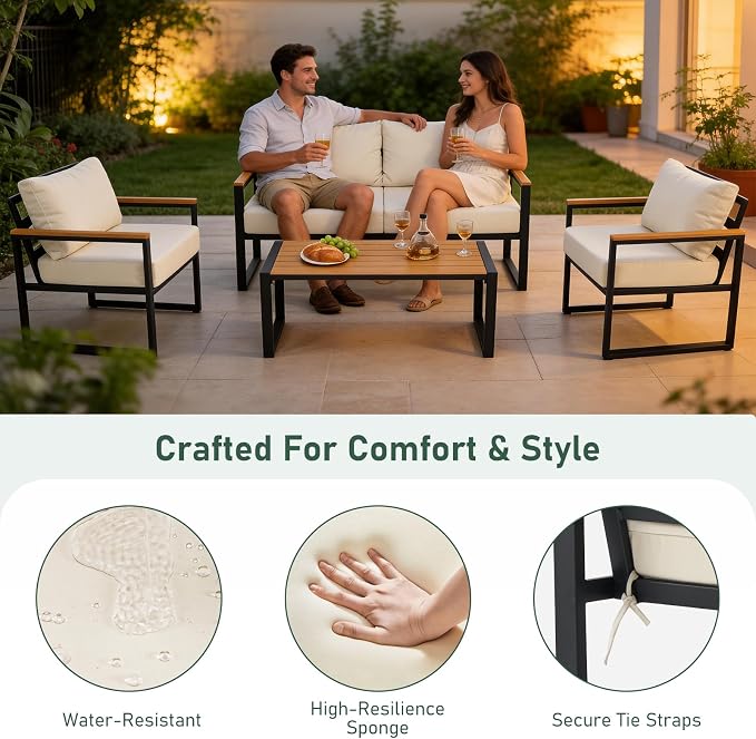 Furnimart 4-Piece Metal Patio Conversation Set, Deep Seating Outdoor Sofa with Coffee Table, Modern Small Space Furniture for Backyard, Deck, Poolside, Porch (Beige)