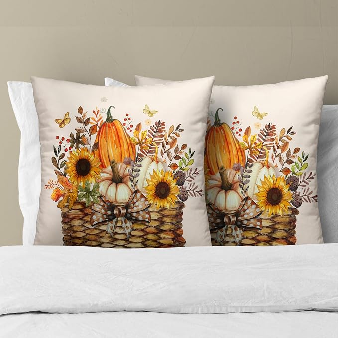 Farmhouse Fall Throw Pillow Covers Set of 2-20x20 Inch Pumpkin Sunflower Floral Leaves Basket Cotton Square Pillowcases for Sofa Bed Couch Porch Porch Garden Chairs Home Decor