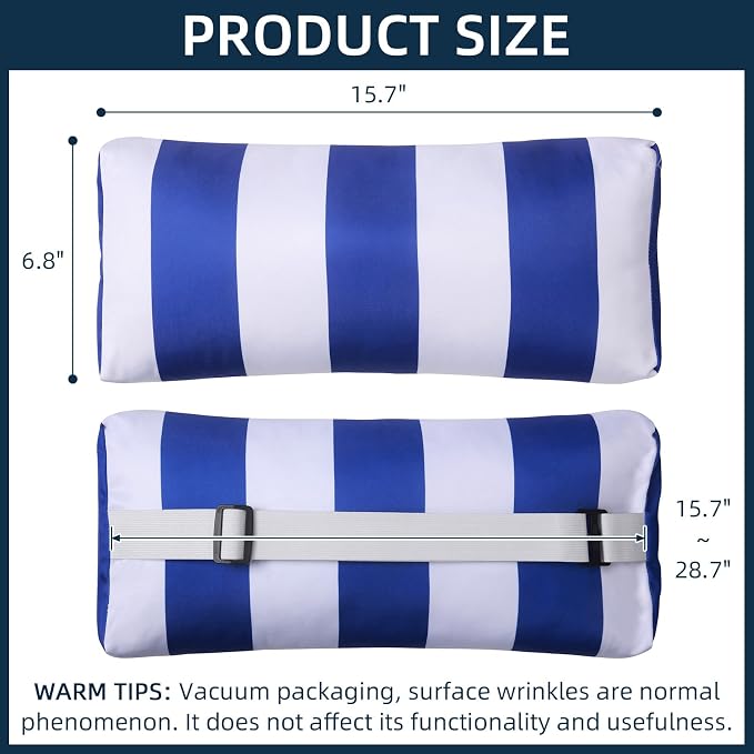 Outdoor Pillow for Chaise Lounge Chair, 2pcs Striped Chaise Lounge Pillows, Adjustable Strap Head Lumbar Pillow for Patio Pool Beach Office, Dark Blue